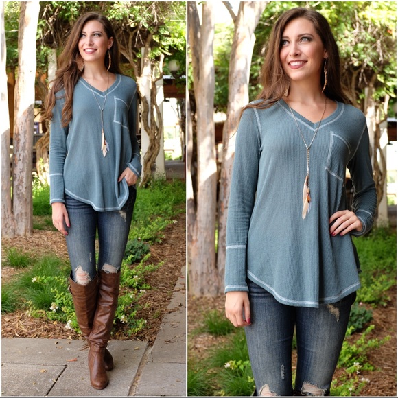 ✨LAST ONE✨Teal Ribbed Knit V Neck Tunic - Picture 2 of 3